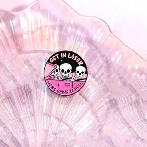 Get in loser funny skull pink and black enamel pin brooch round bag charm purse